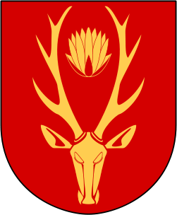 Blasonering: I rtt flt ett framtvnt renhuvud och mellan dess horn blomman av en nckros (Nuphar Luteum), allt av guld